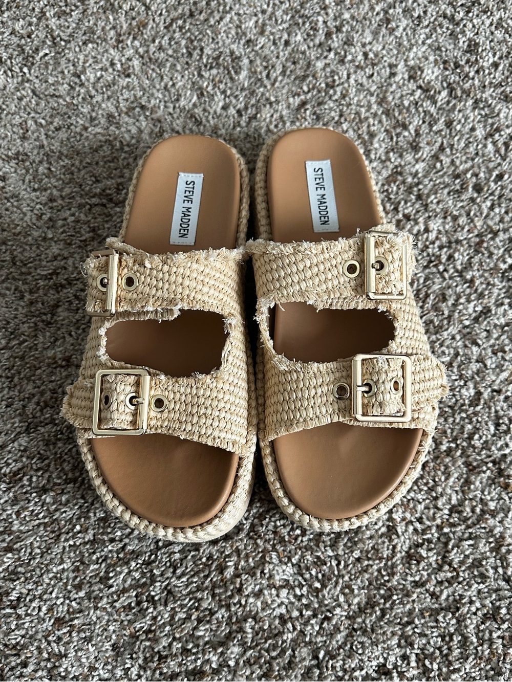 Steve Madden Beige Woven Double-Buckle Slide Sandals
